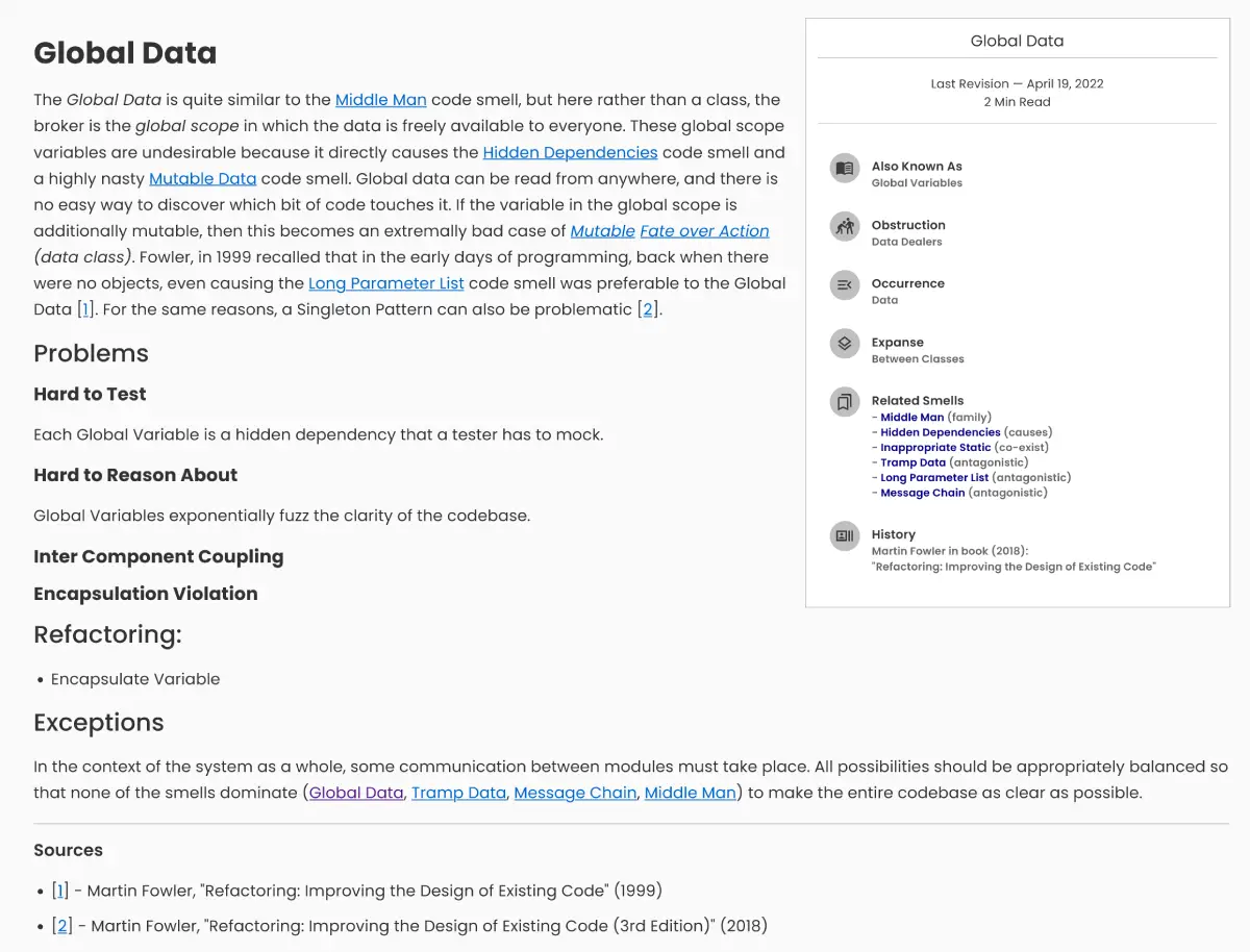 Code Smells Catalog - Global Data