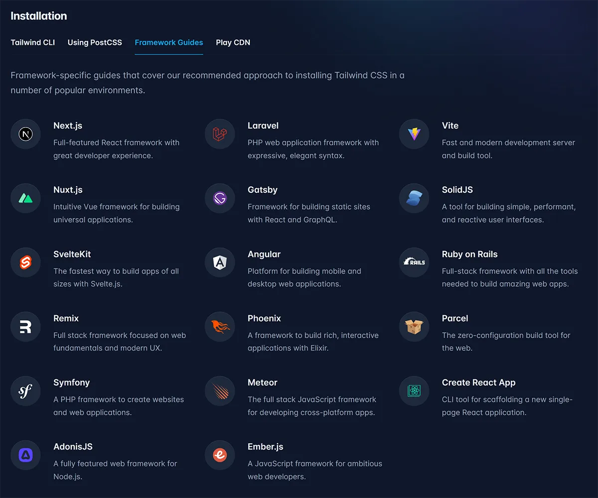 The installation page of Tailwind's official documentation, with many installation tutorials for different frameworks