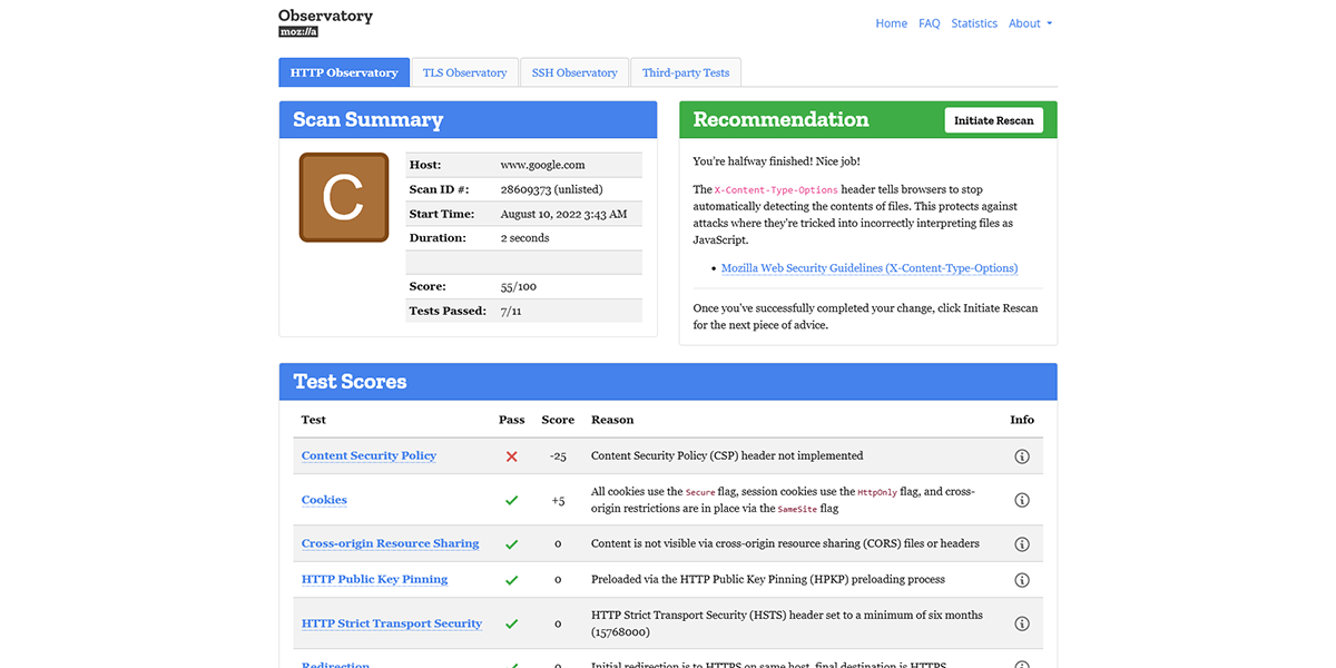 Mozilla Observatory 网页截图