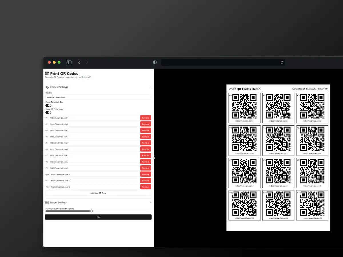 Print QR Codes Demo
